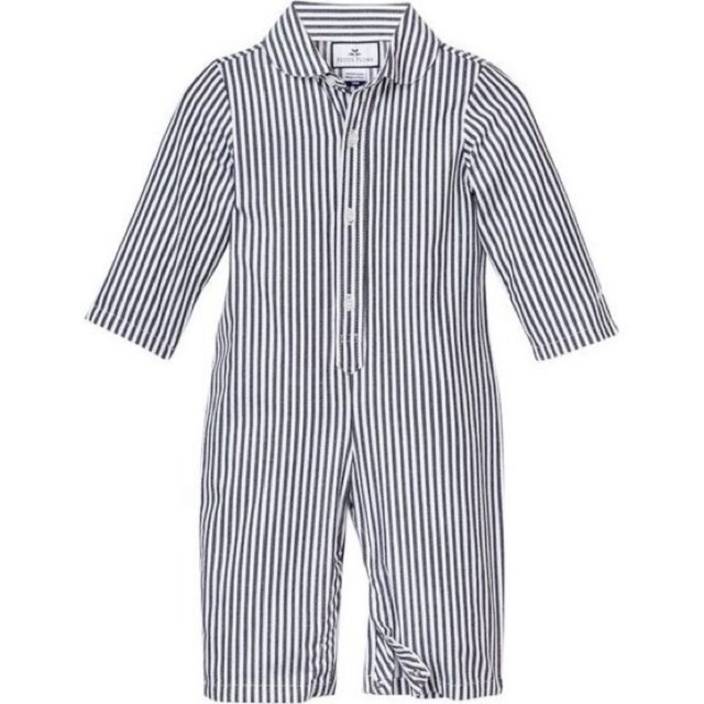 Petite Plume navy bengal railroad striped romper pjs